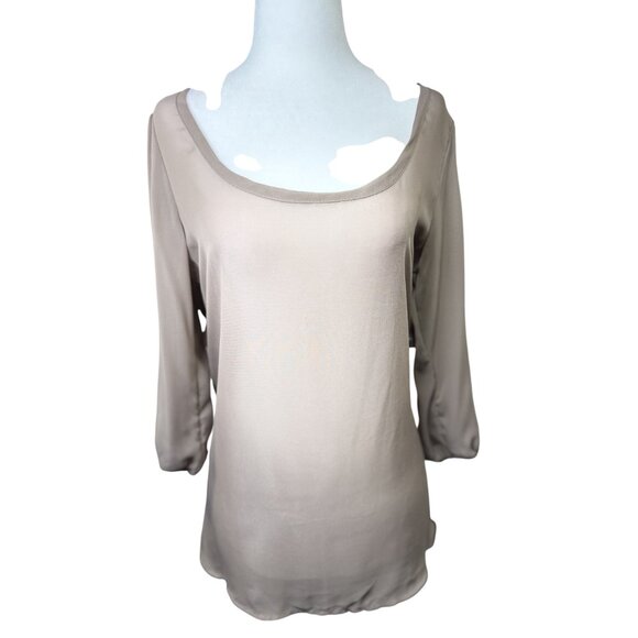 Poetry Size M Sheer Beige Open Back Blouse With Tie Waist & 3/4 Sleeves Womens - Picture 9 of 10